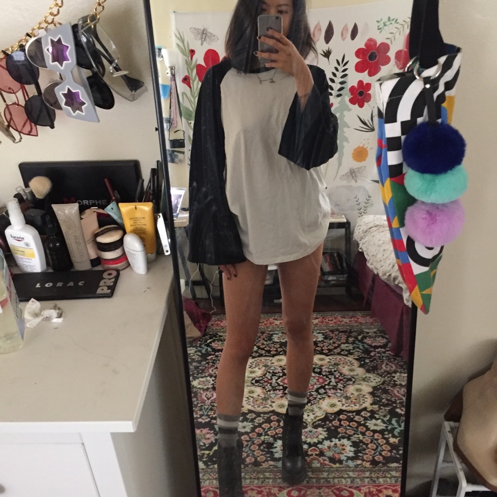 black and white baseball tee with wide sleeves